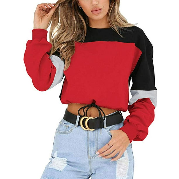 Rrive Womens Drawstring Color Blocked Long Sleeve Loose Fit Casual Pullover Sweatshirt Crop Top Blouse 